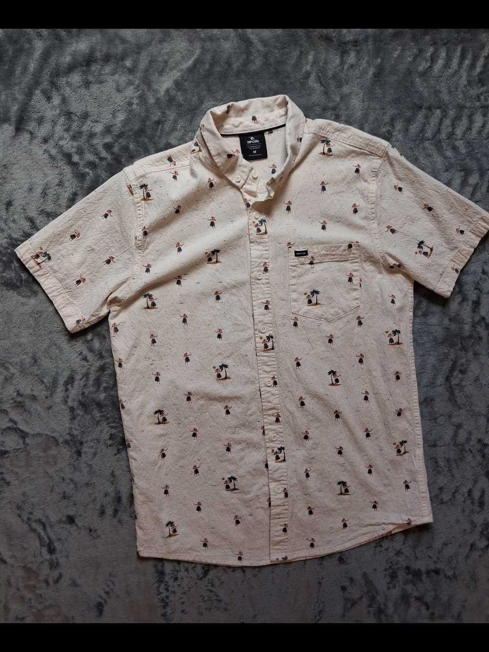 Rip Curl Hawaiian  Cream Short-Sleeve Button-Down with Hula Girl Mini Palm Print